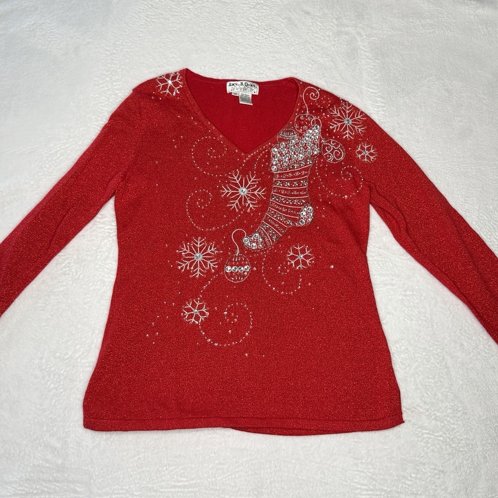 VTG Jack B Quick Red Sparkly Christmas Knit Top M Rhinestone Stocking Snowflake